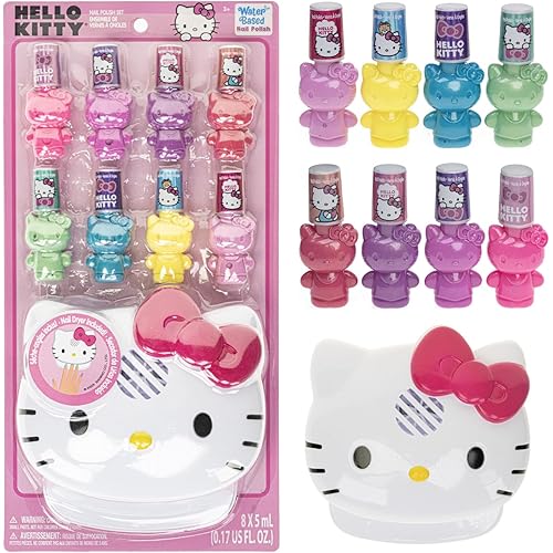 Townley Girl Hello Kitty 8 Pack Peel-Off Shimmer and Opaque, Water-Based Safe Nail Polish Set with Nail Dryer for Kids, AA Batteries Not Included, Ages 3 and Up