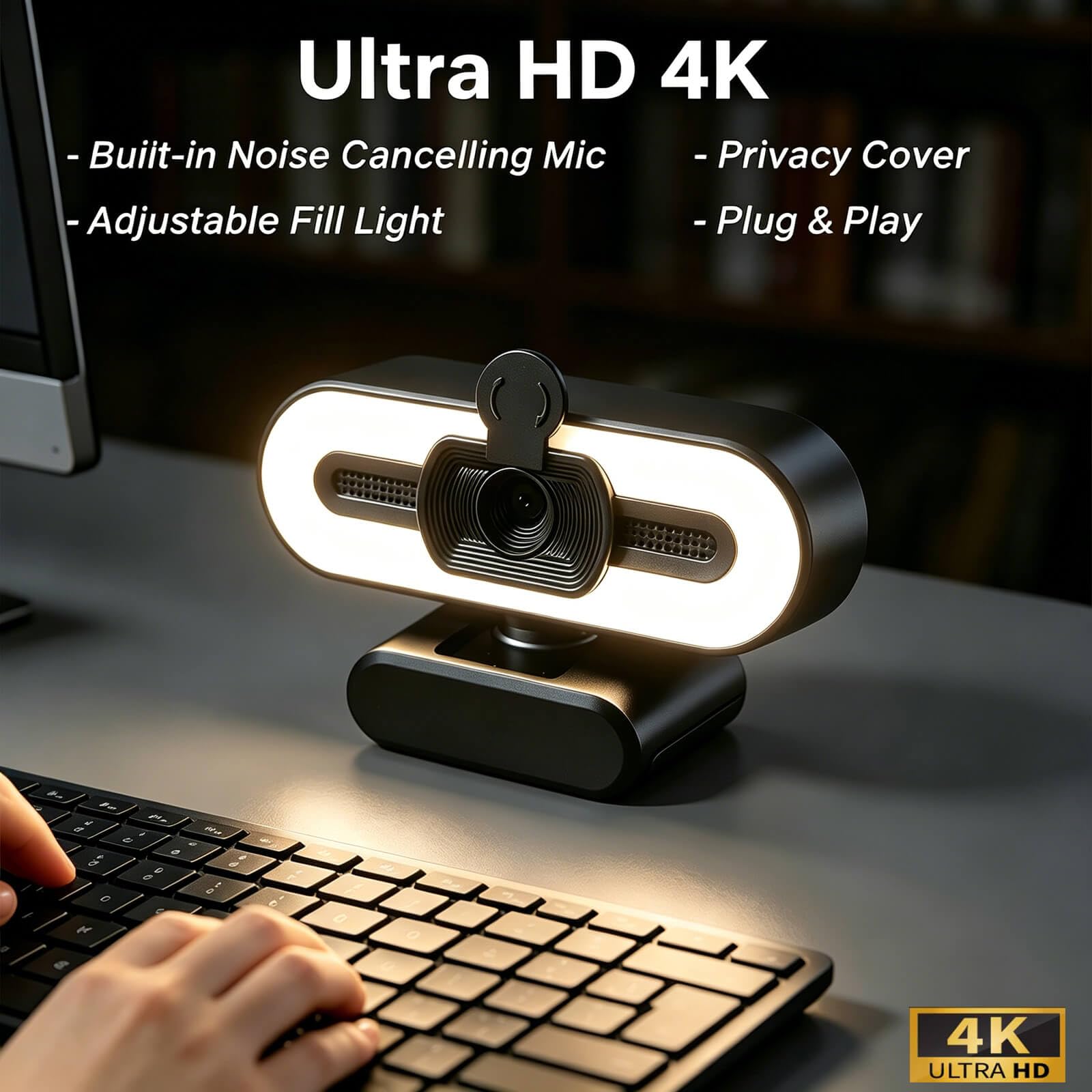 Cámara web 4K con luz de relleno, cámara de computadora con cubierta de privacidad y micrófono que reduce el ruido, cámara web para PC/portátil/Mac/monitor, adaptador USB-A a USB-C incluido, brillo