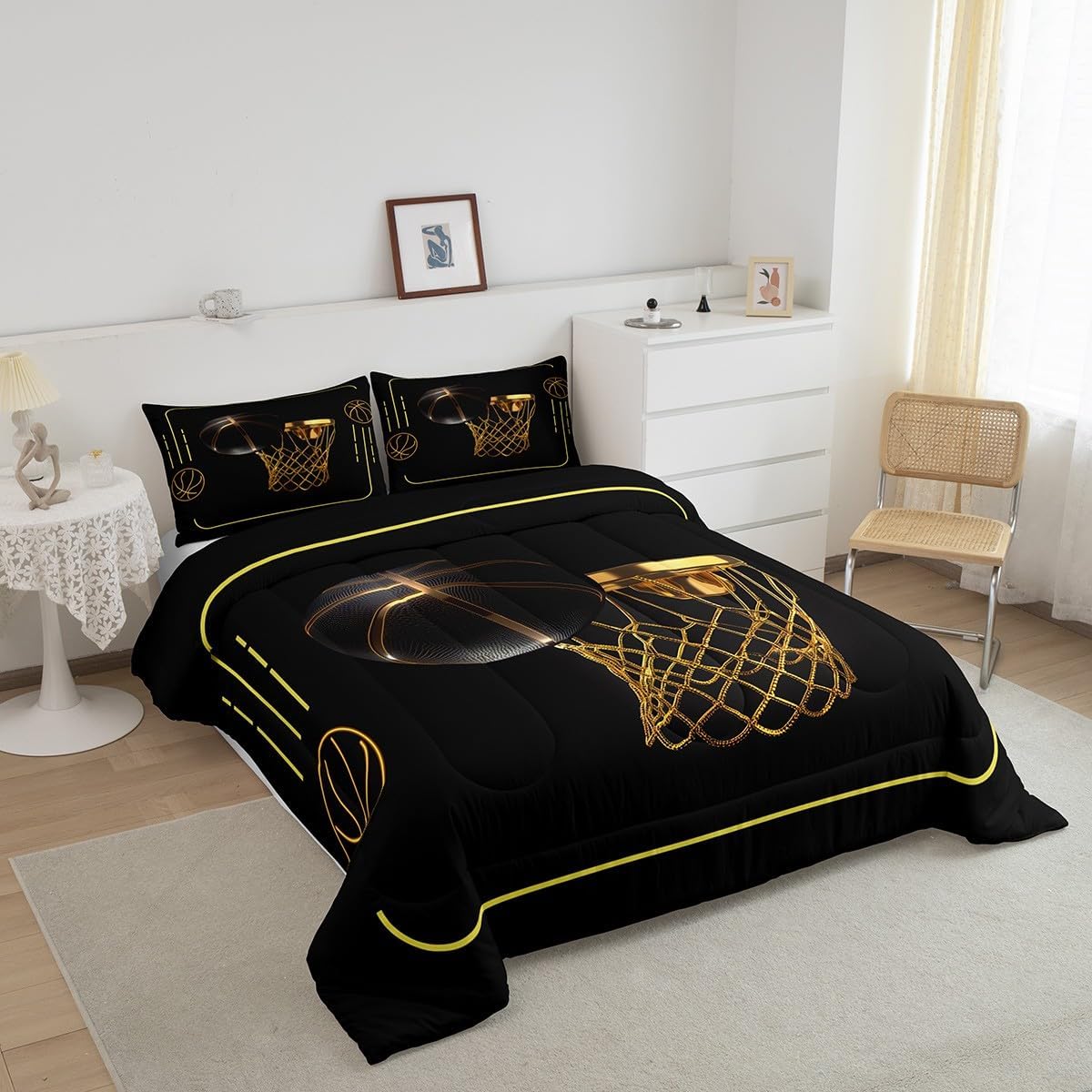 Manfei Basketball Comforter Set Full Size, Gold Basketball Stand Bedding Set 3pcs for Kids Boys Teens Room Decor, Sports Gaming Theme Quilt Set Soft Polyester Duvet Set with 2 Pillowcases image 3