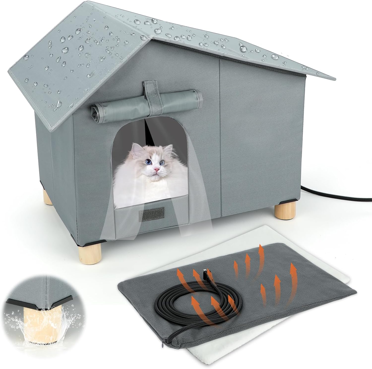 Elevated Heated Outdoor Cat House,Extra-Wide Waterproof Heat Feral Cat Shelters for Indoor Outdoor Kitty, Warm and Insulated Outside Heater Cats House with Thermostatic Heating Pad for Cold Winter 13.4"D*19.7"W*18.1“H(with Foot)