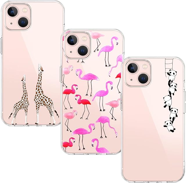 BAOWEI [3 Pack Case Compatible for iPhone 13, Ultra Thin Crystal Clear Soft TPU Silicone Cover with Cute Pattern Protective Phone Case - Giraffe, Flamingo & Panda
