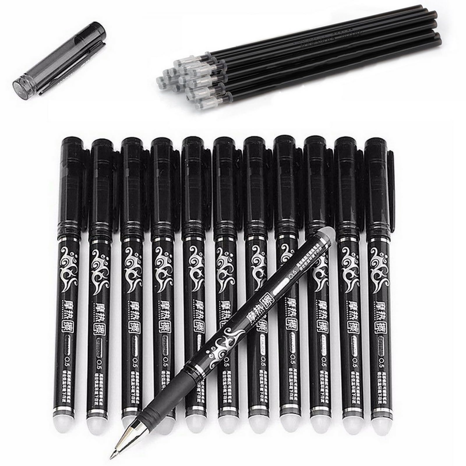 12PCS 0.5mm Erasable Pen With 20 Erasable Pen Refills Black Gel Ink Roller Ball Pens Set Office Home Stationery Party Gift (Black)