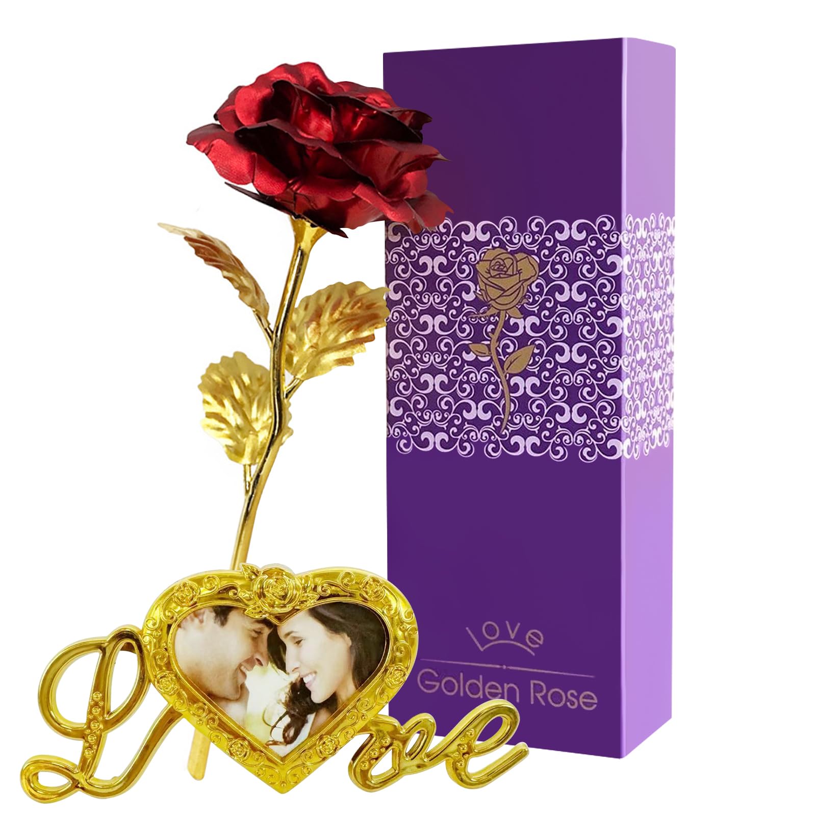 Dr. Watch Red - B Valentines Gift,24K Rose Flower – Creative Artificial Gold Dipped Long Stem Forever Rose With Gift Box & Bag – Perfect Elegant Keepsake For Mother's Day, Thanksgiving Day (Red - B)