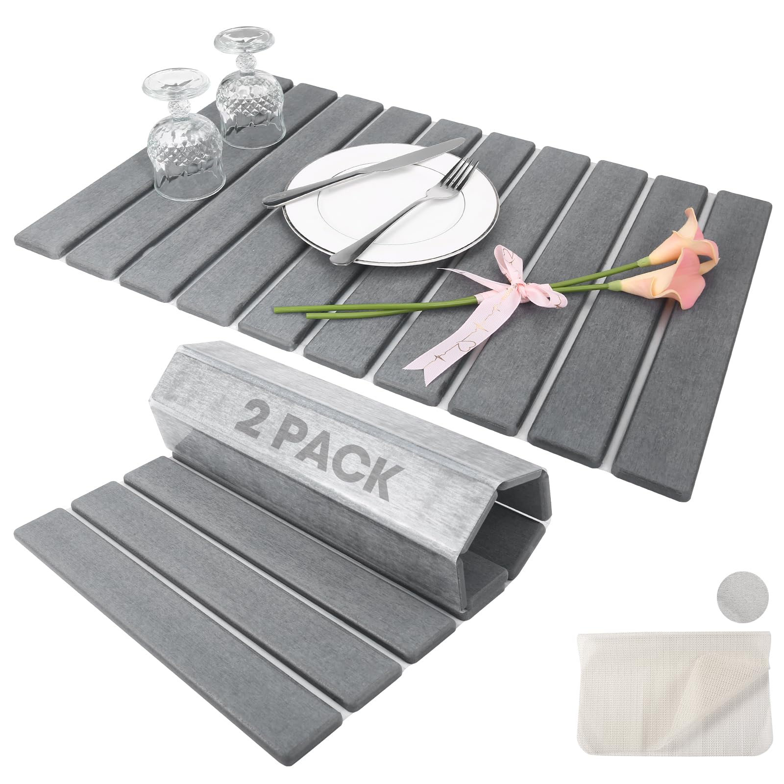 2 Pack Stone Dish Drying Mat for Kitchen Counter, Foldable Diatomaceous Earth Drying Pad, Fast Water Absorbing Drying Mat for Dishes, Utensils,