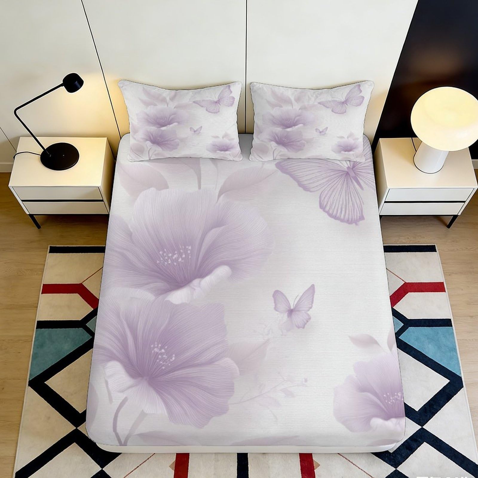 3D Printed Lavender Blossom Fitted Sheet Microfiber Soft Floral Butterfly Bed Cover for Bedroom Guest Room Decor 90x200x25cm