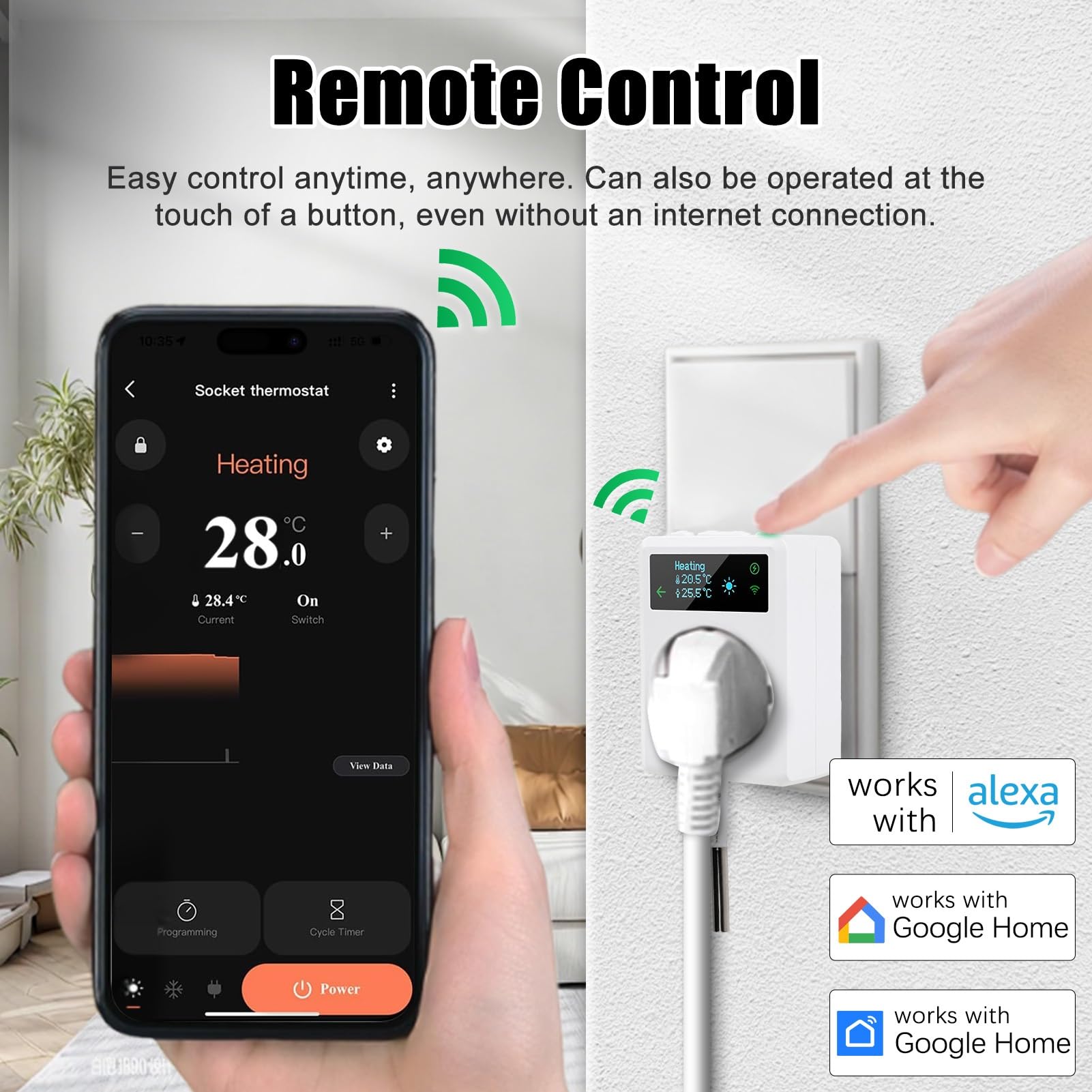 DEWIN Inteligente Enchufe de Termostato con Sonda, 2.4GHz WiFi Controlador de Temperatura de termostato de Enchufe 220V 16A Calefacción y Refrigeración Compatible con Control Remoto y Control por Voz