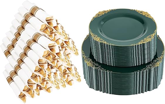 400PCS Pre Rolled Gold Plastic Silverware Sets &102PCS Green and Gold Plates