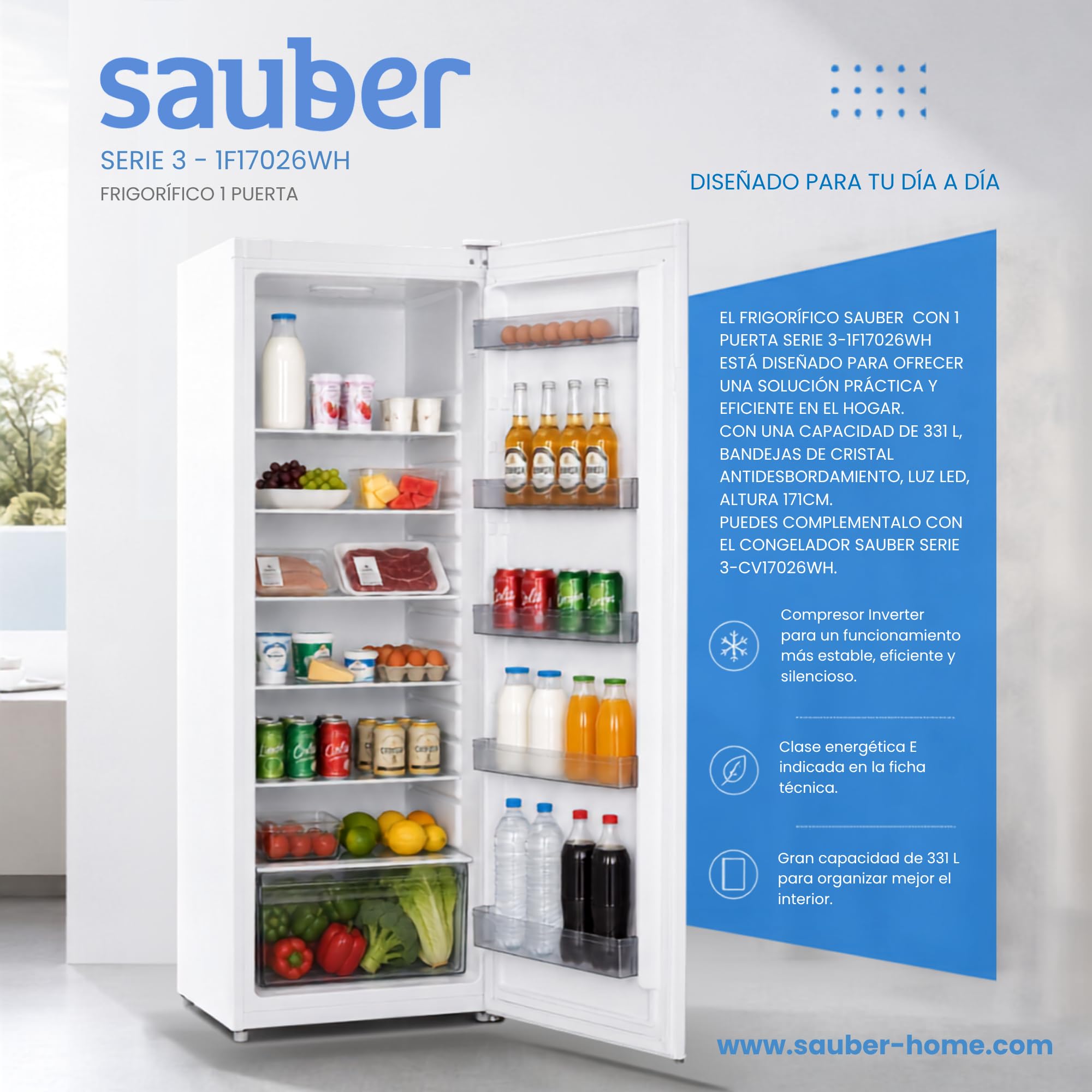 SAUBER, Frigorífico 1 Puerta, SERIE 3-1F17026WH, E, 172,5 x 60 cm, 331 litros, Puerta Reversible, LED, Cajón Frutas y Verduras, Motor Inverter, Blanco, ENTREGA Y RETIRADA USADO DOMICILIO