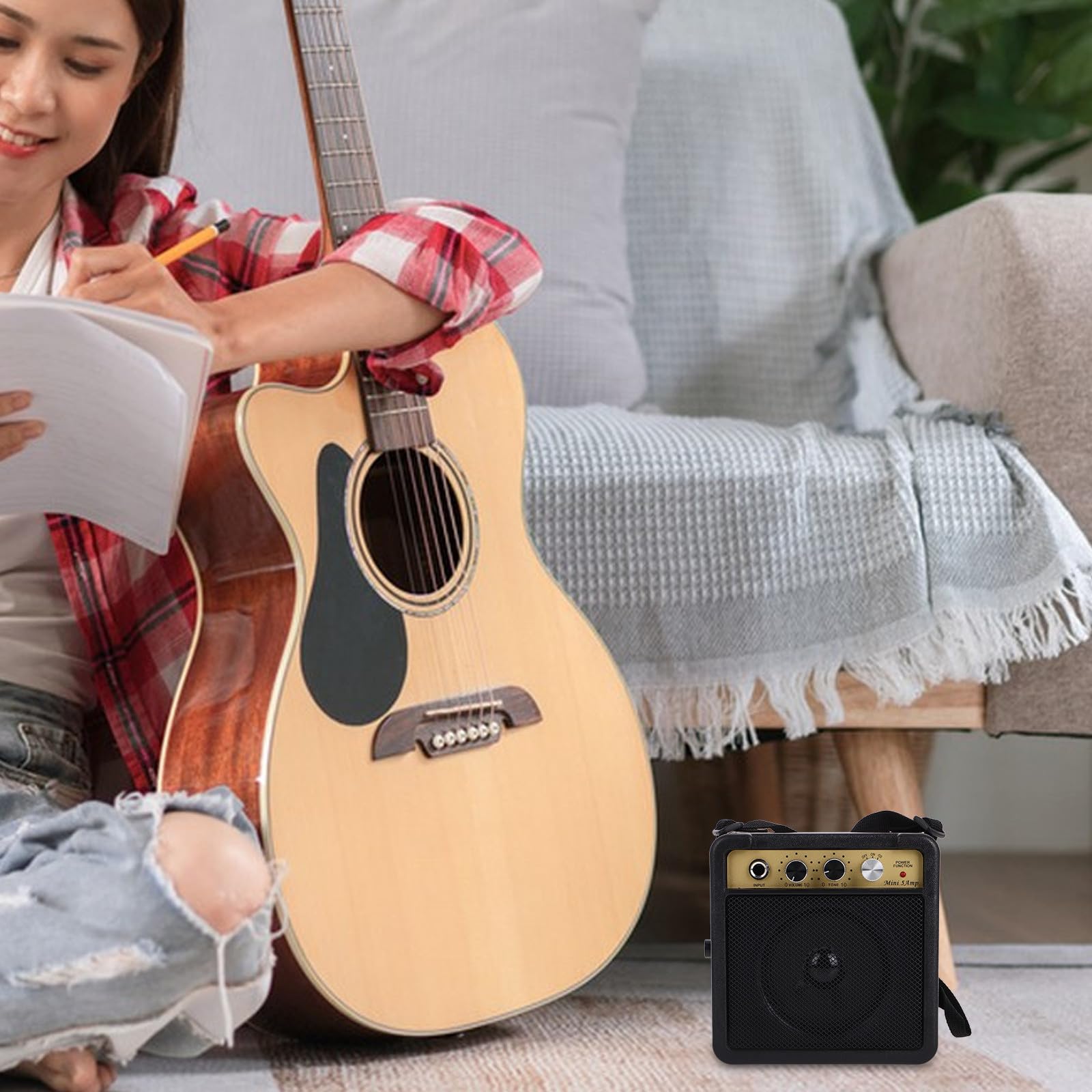 Abaodam Mini amplificatore per chitarra elettrica, piccolo amplificatore per basso da 5 W, amplificatore portatile per chitarra con effetti sonori integrati, in plastica e metallo, compatto per