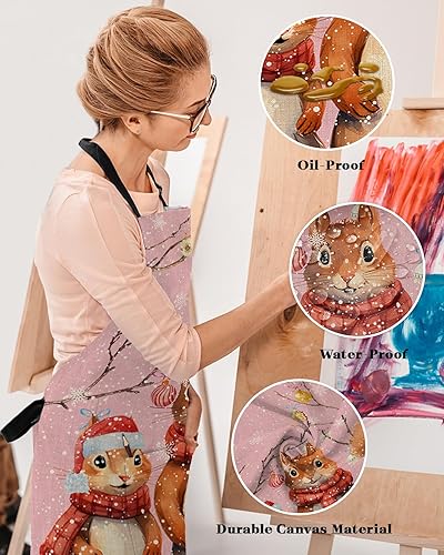 Miniatura 4 de Delantal con peto de Navidad de ardillas rosas con bolsillos, impermeable, delantal ajustable para hombres y mujeres, bolas de árbol de Navidad,