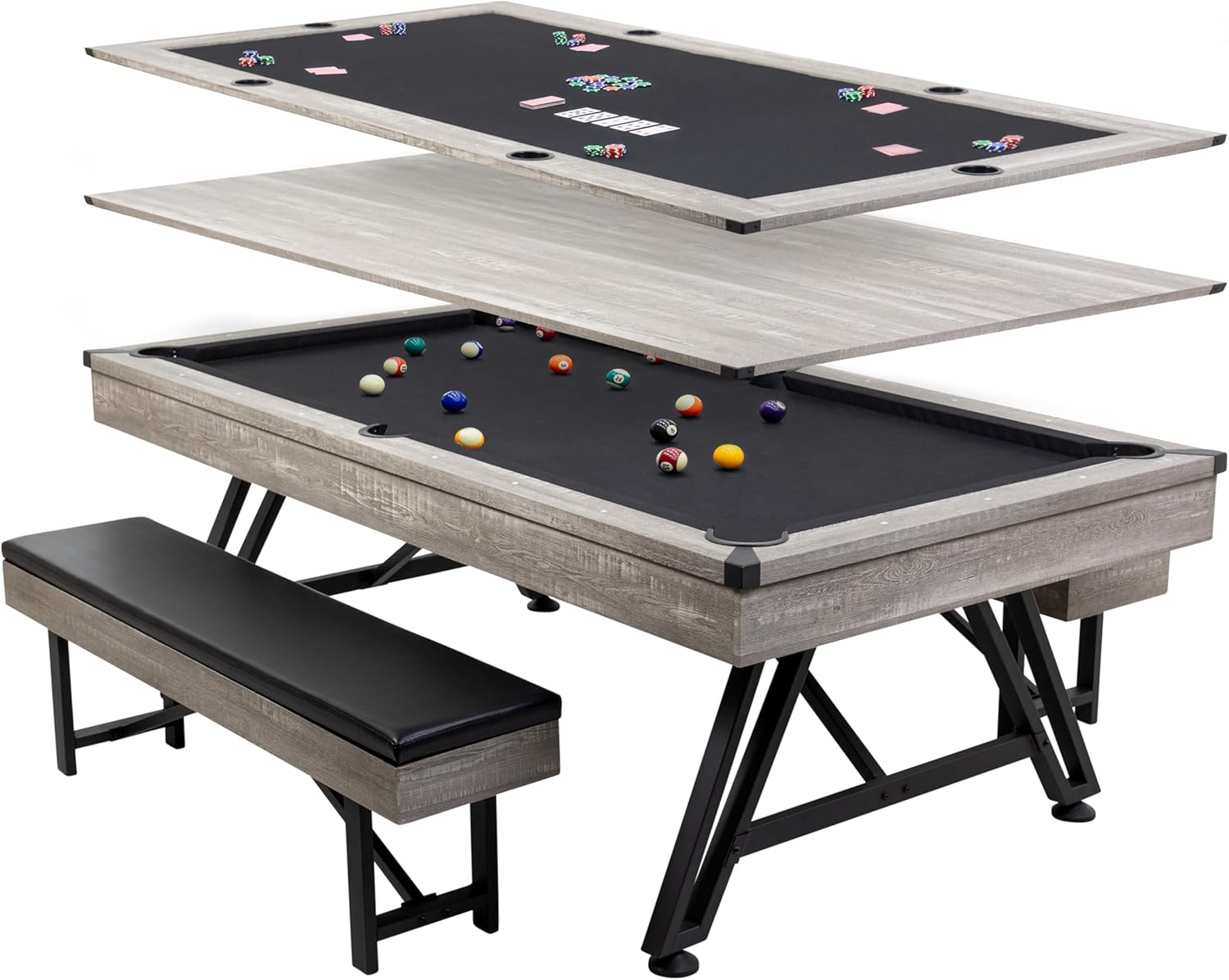 American Legend 3-in-1 Pool + Poker Dining Table - Instant Transformation - Premium Black Felt - XL Flip Top Bench Storage - Modern Design