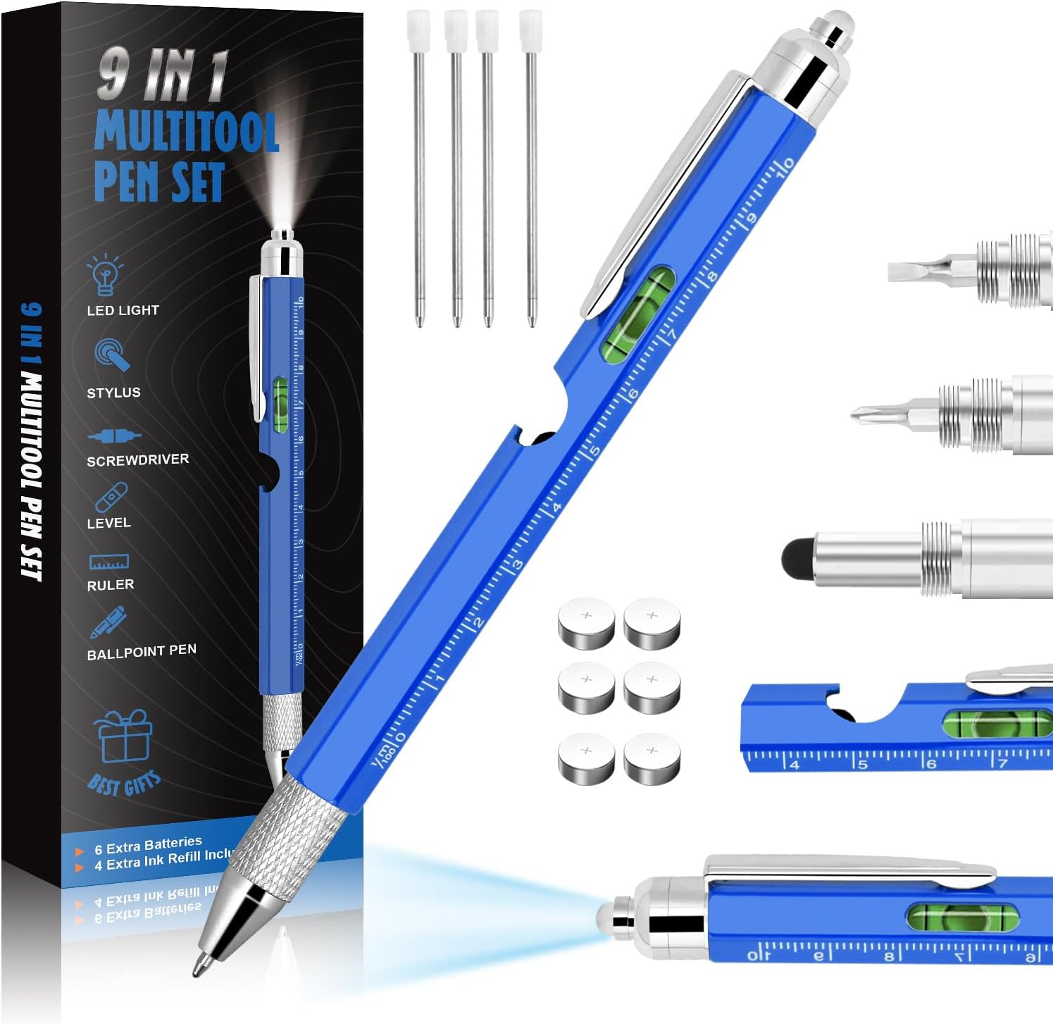 Cool Pen Gifts for Men, 9-in-1 Multi Tool Tech Pen Gadgets Tools for Men, Personalized Gifts for Dad or Him, Funny Gift for Christmas, Father's Day Valentines or Birthdays Gifts (9 IN 1 Blue)