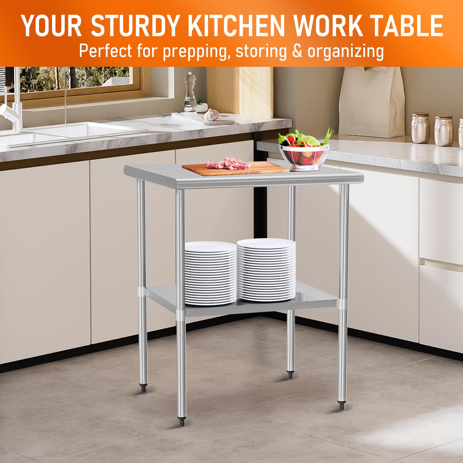 Mesa de acero inoxidable para preparación y trabajo, 30 x 30 pulgadas con estante ajustable, estaciones de trabajo comerciales, mesa de utilidad en cocina, garaje, lavandería, barbacoa al aire