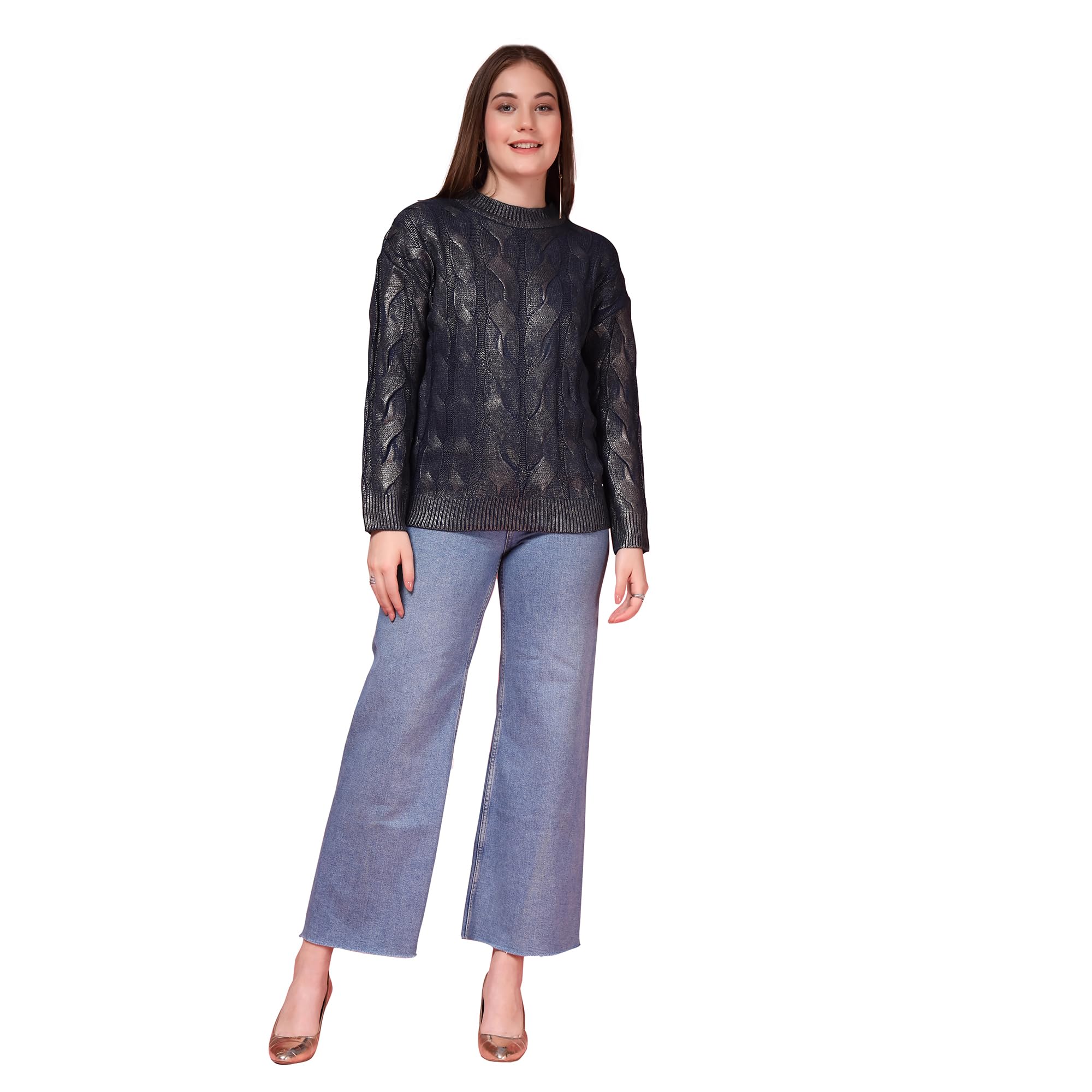 thirty threads Women Mock Collar Ribbed Woollen Pullover Blue_T5W 25202-picture-19