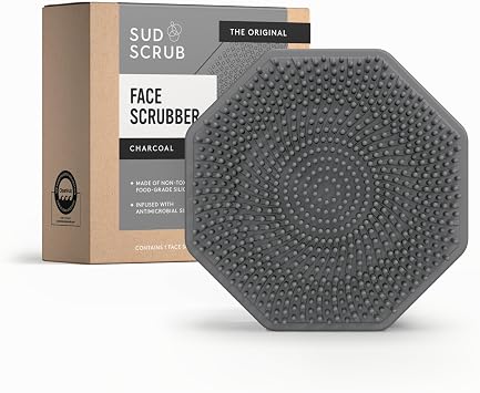 Sud Scrub Antimicrobial Silicone Face Scrubber, 1 Pack, Gentle Face Exfoliator for Sensitive Skin, Eco Friendly Facial Cleansing Brush, Exfoliating Face Brush for Men and Women (Charcoal)