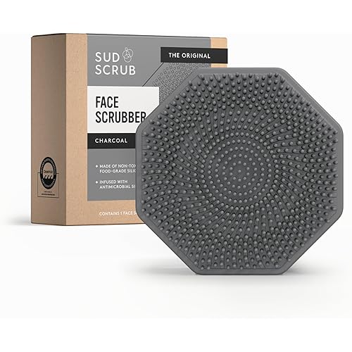 Sud Scrub® Antimicrobial Silicone Face Scrubber, 1 Pack, Gentle Face Exfoliator for Sensitive Skin, Eco Friendly Facial Cleansing Brush, Exfoliating Face Brush for Men and Women (Charcoal)