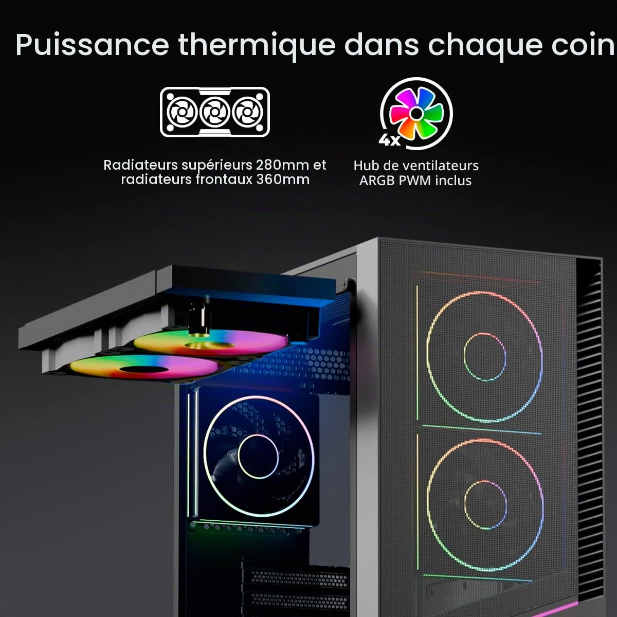 YEYIAN Boîtier Gamer Elara Mid-Tower - Compatible ATX/M-ATX/ITX - Panneau en Verre Trempé - 4 Ventilateurs ARGB Inclus (3 Avant + 1 Arrière) - Noir