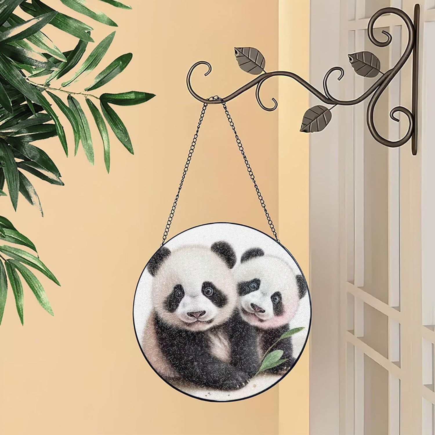 Baby Pandas Stained Glass Suncatcher for Window Hanging Sun Catcher Ornament for Women Men Suncatcher for Home Decor, 4in（10cm） Round Glass Ornament for Mother's Day Birthday Gift