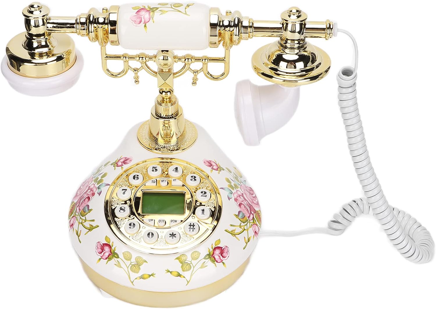 Vintage Rotary Dial Telephone with LCD Screen - Retro Ceramic Corded Landline Phone for Home Office Cafe Hotel Decor, Gift Idea, Antique Style Design(Pink Flower)