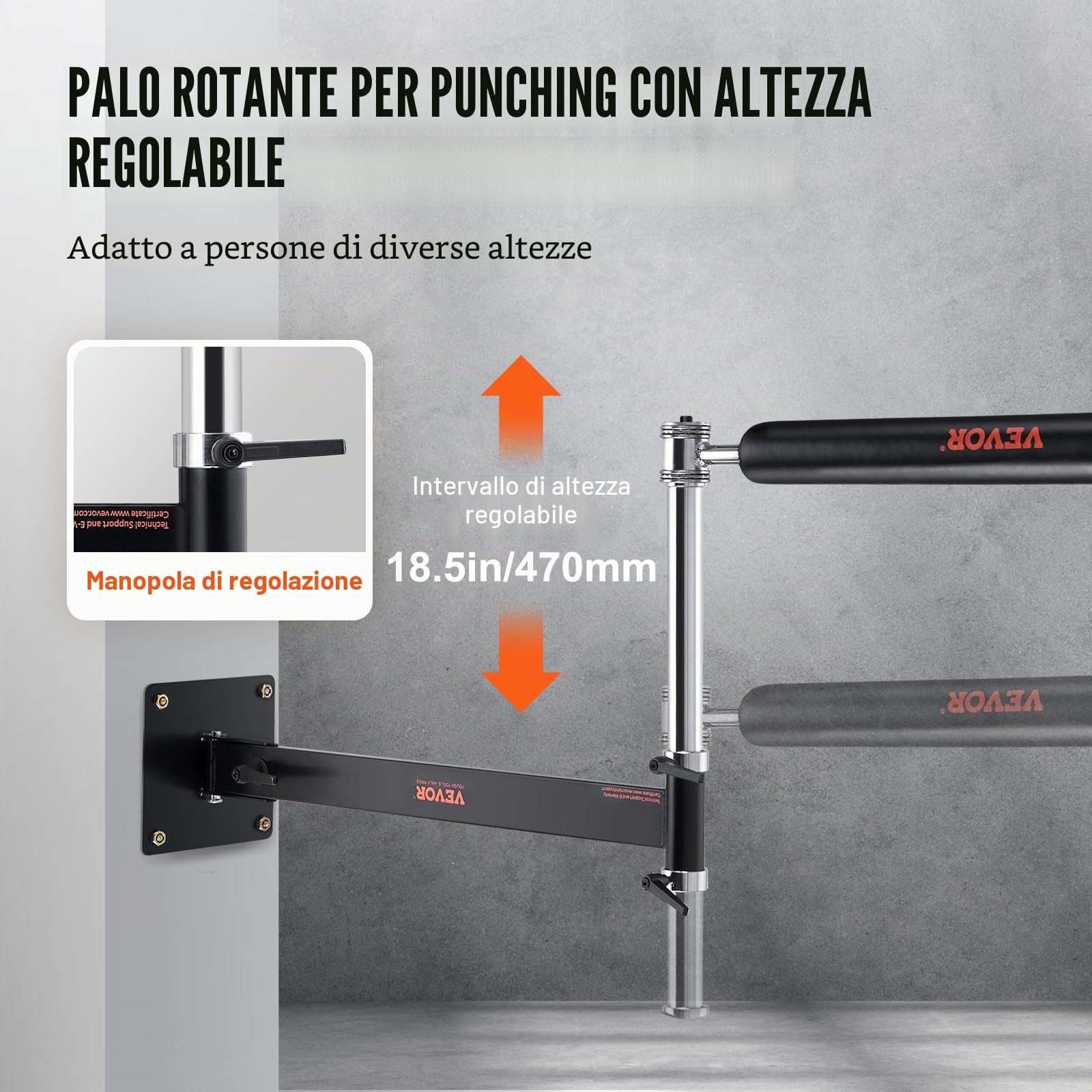 VEVOR Barra da Filatura per Boxe con Montaggio a Parete, Barra da Filatura Regolabile, Allenatore di velocità da Boxe con Guanti, Nera, Attrezzatura da Allenamento per Kickboxing, Antistress, Fitness
