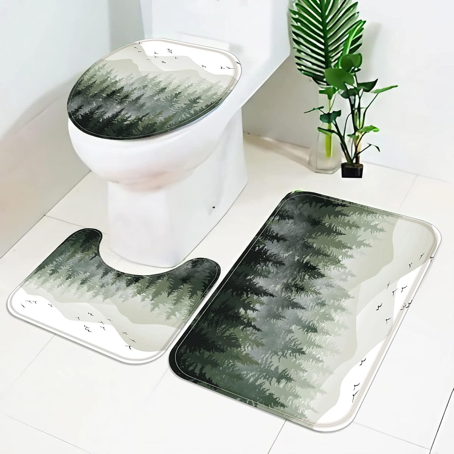 Fungarth 4 Pcs Green Misty Forest Shower Curtain Set with Rug Nature Mountain Bathroom Sets with Waterproof Fabric Shower Curtain and Non-Slip Rugs Toilet Lid Cover Bath Mat Decor with Hooks (Green)