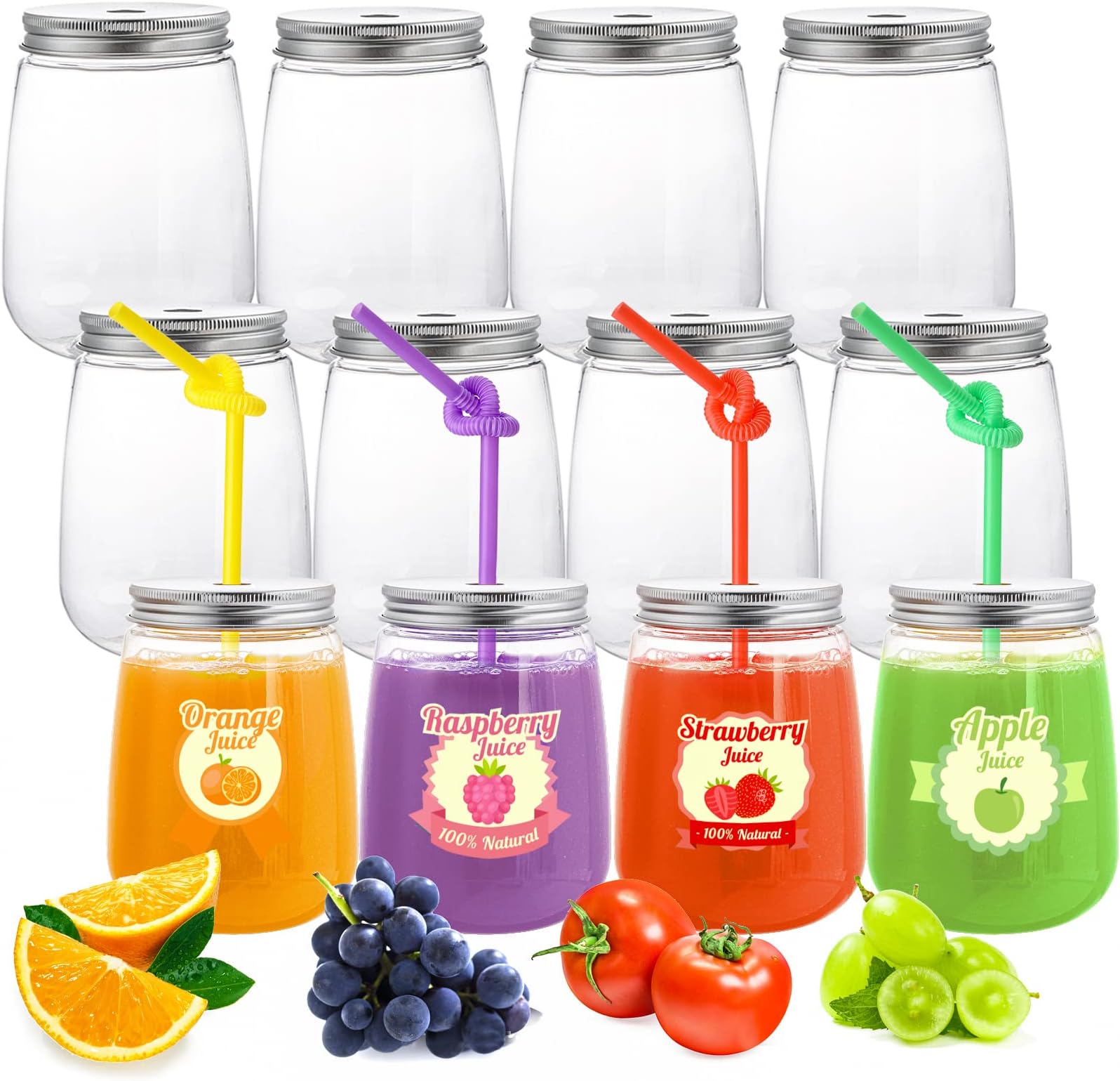 Elsjoy 12 Pack 17 Oz Plastic Juice Bottles with Lid and Straws, Reusable Smoothie Cups Wide Juicing Bottles, Clear Bulk Beverage Containers for Iced Coffee, Milk, Tea, Aluminum Caps