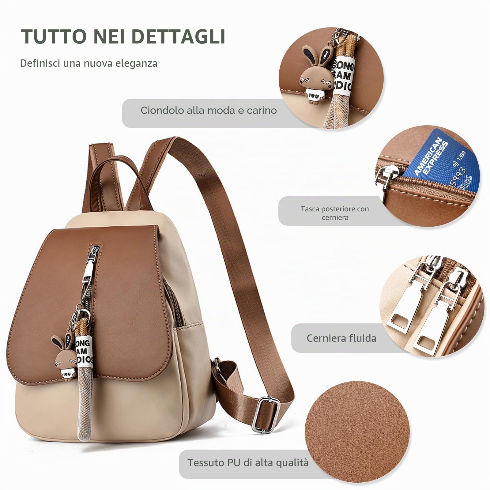NICOLE & DORIS Zaino da Donna Piccolo Zainetto Carino Ragazza Mini Borsa Zaino Colorata Pelle PU Zainetti Antifurto Zaini Leggero da Viaggio Caffè