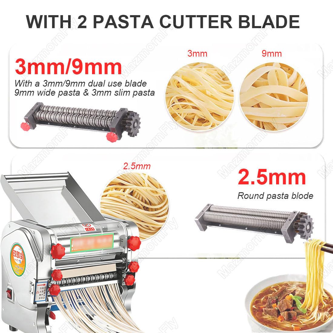 Máquina para hacer pasta de acero inoxidable, rodillo eléctrico de 550 W, cortador de masa resistente, laminador de masa para empanadillas, para uso doméstico y en restaurantes.