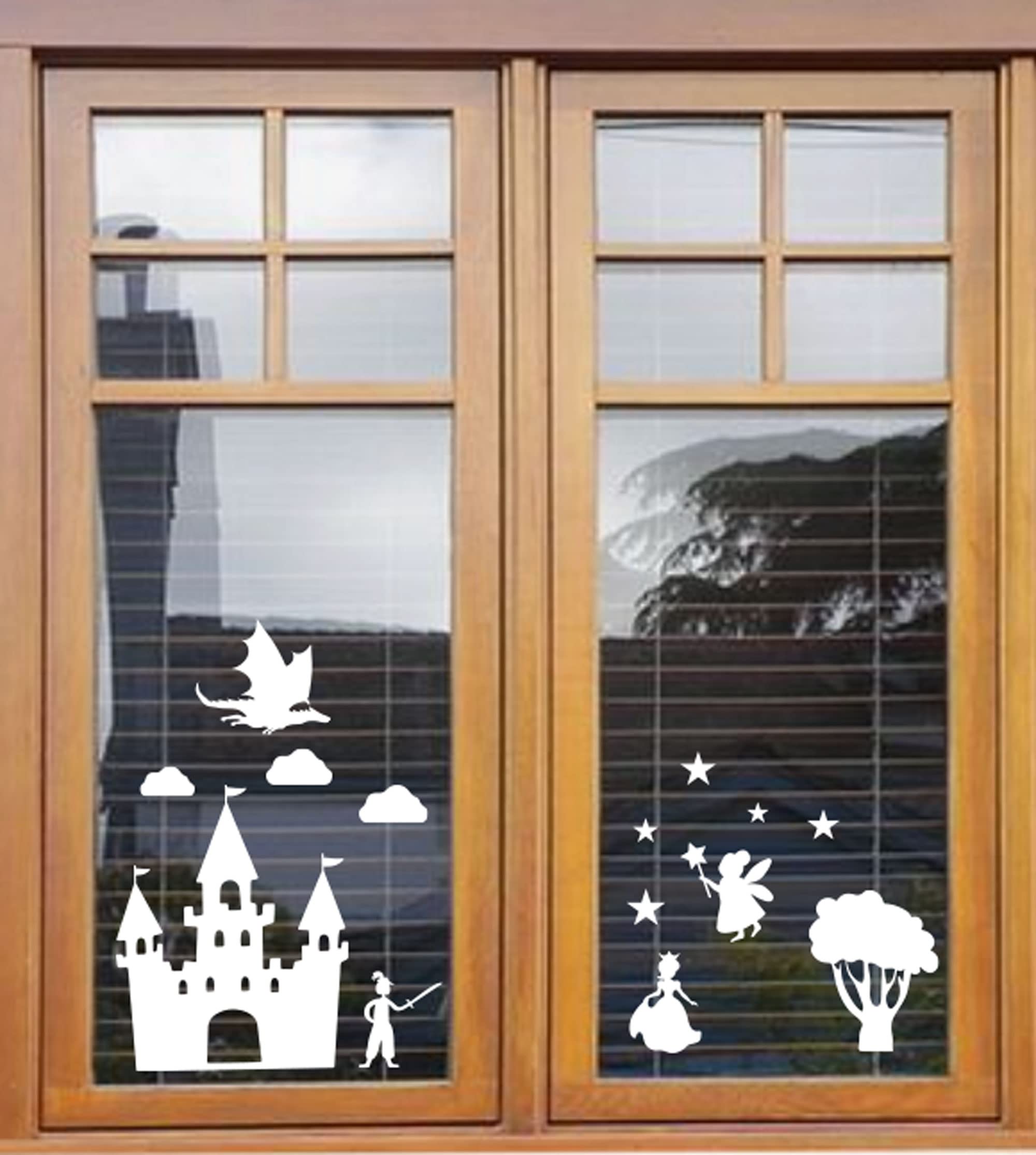 Set of Enchanting Fairytale Window Decals - Prince, Princess, Dragon Window stickers for kids, White Static Cling, Nursery Room Decor (Fairytale Castle)