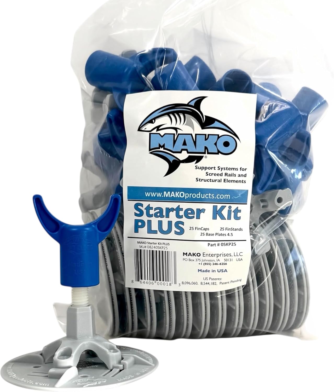 MAKO® Starter Kit Plus Adjustable Concrete Screed Support System – 25 FinCaps®, 25 FinStands®, 25 Base Plate 4.5® – Vapor Barrier Safe – Made in USA (Threaded Rods Sold Separately)