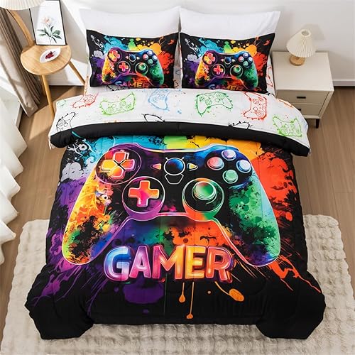 Miniatura 9 de NTBED Juego de edredón de consola de videojuegos para niños y niñas, juegos de ropa de cama de microfibra ligera con diseño geométrico de Multicolor