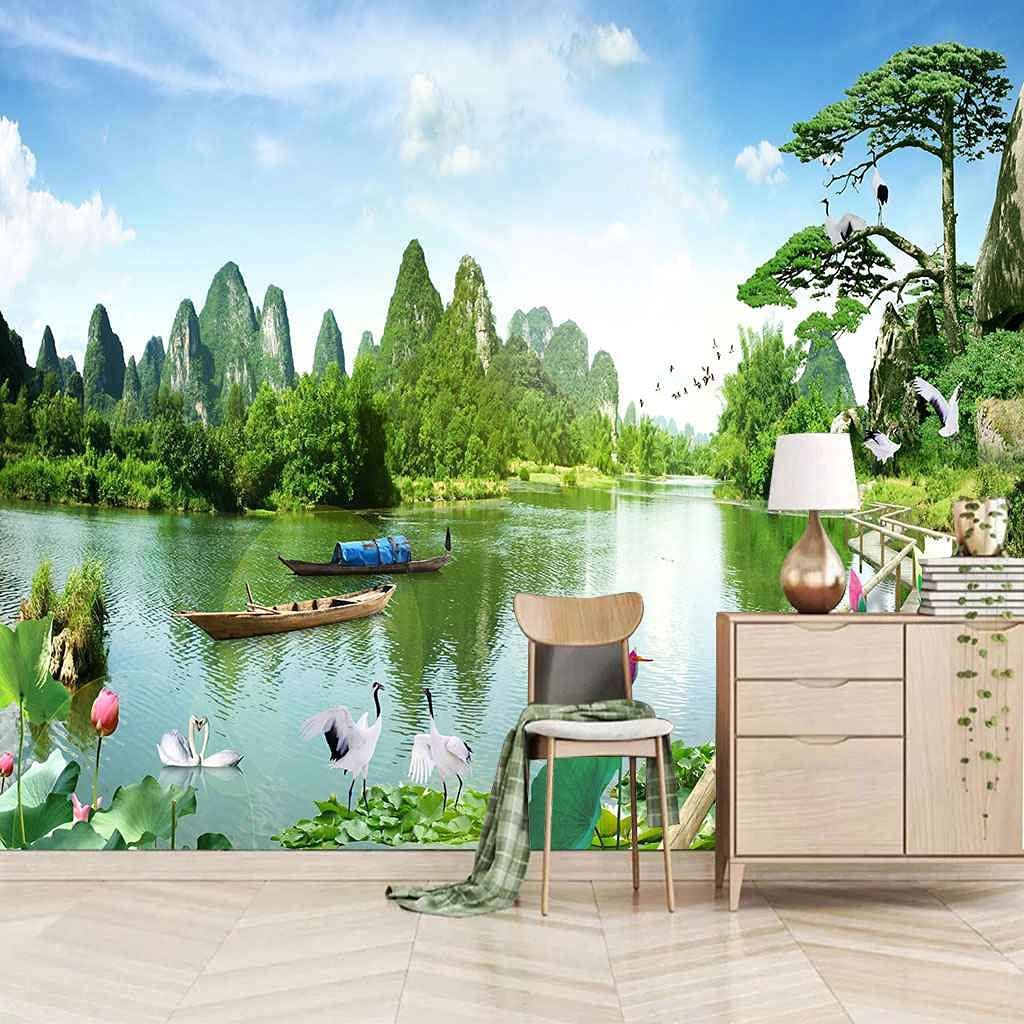 Papier Peint Canevas 3D Rivière d'Arbres Verts 300x210 cm - Poster Mural Adhésif Salon