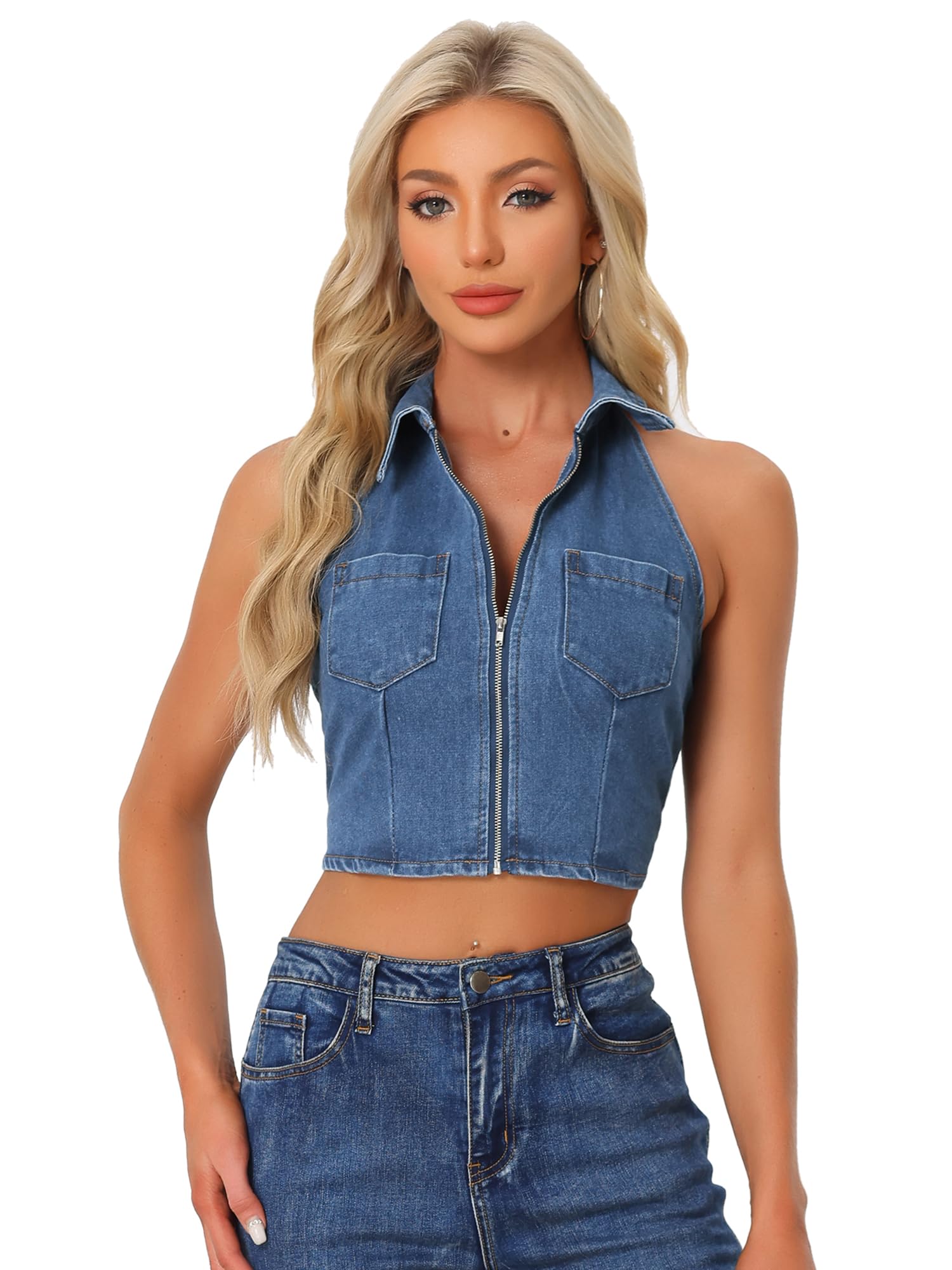 Allegra K Denim Halter Top for Women's Zipper Up Collared Sleeveless Jean Corset Crop Tank Tops