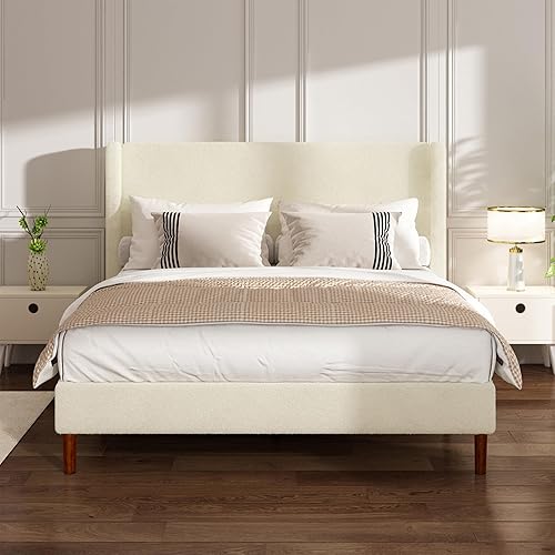 Marco de cama Full Boucle, cama de plataforma con cabecera tapizada con respaldo de ala, fuerte soporte de listones de madera, sin ruido, no