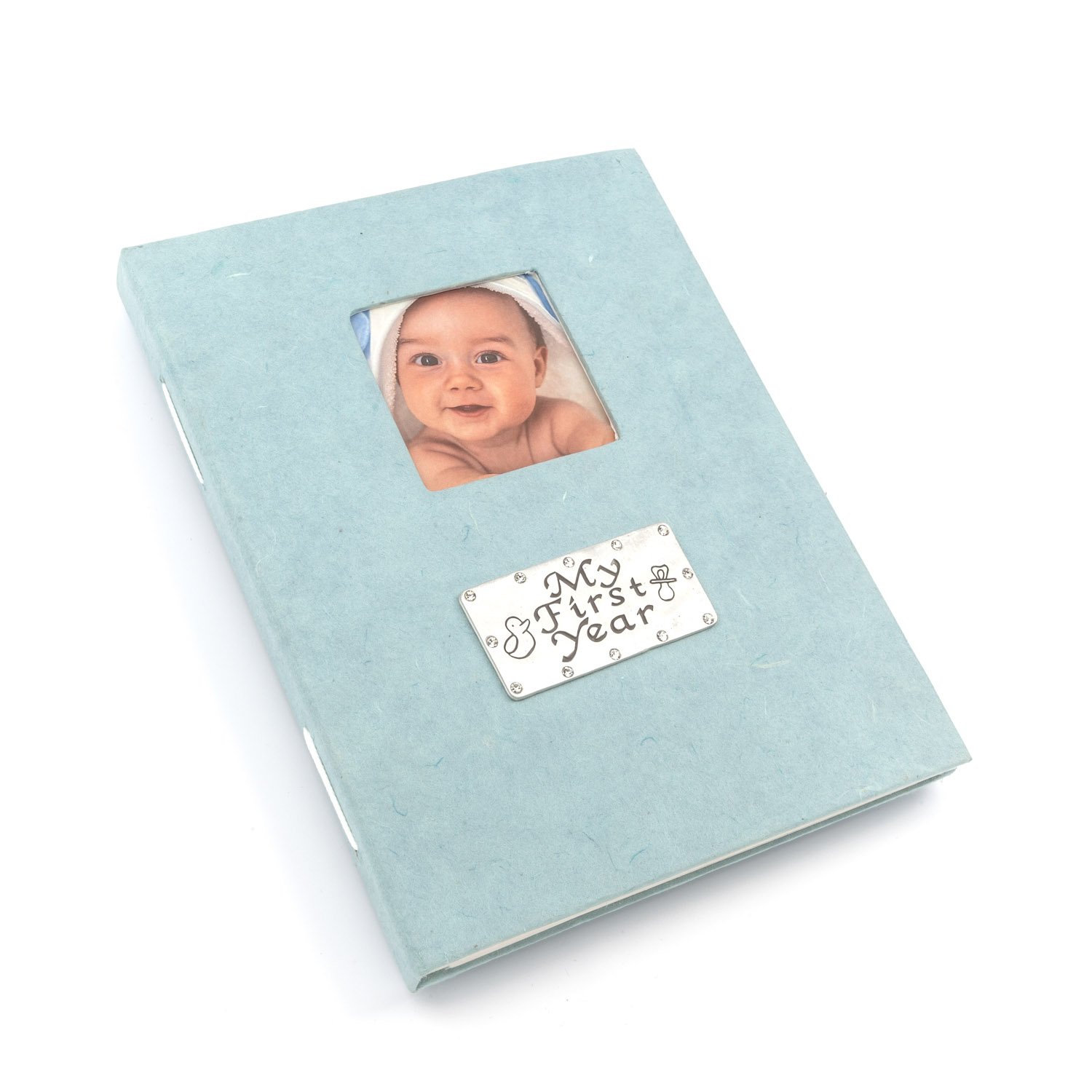 My First Year baby blue photo album (window for your own photo) with a pewter design. Holds 80 6x4 inch photos in clear sleeves