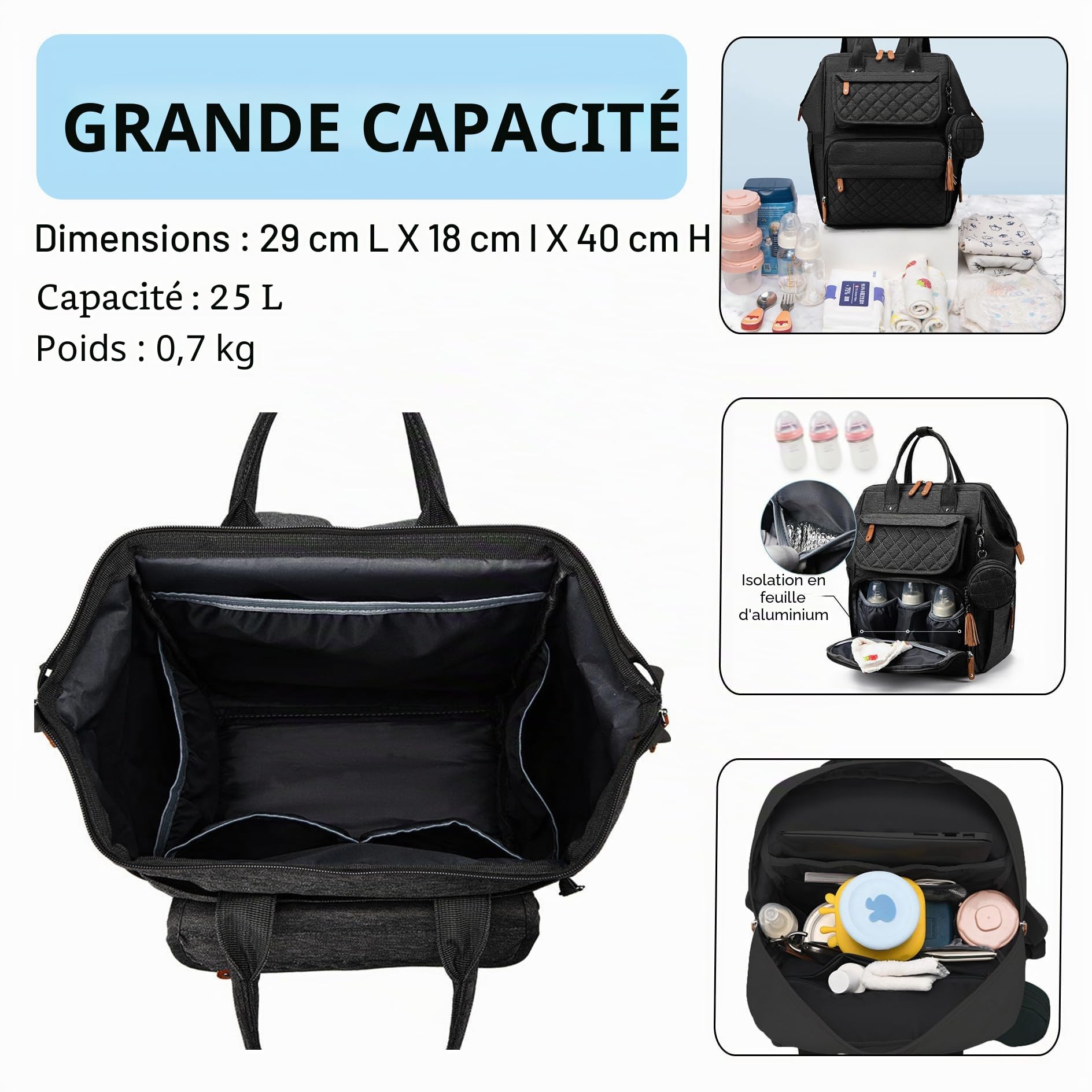Grand sac à dos à langer pour bébé - Avec matelas à langer portable - Multifonctionnel - Pour maman et papa