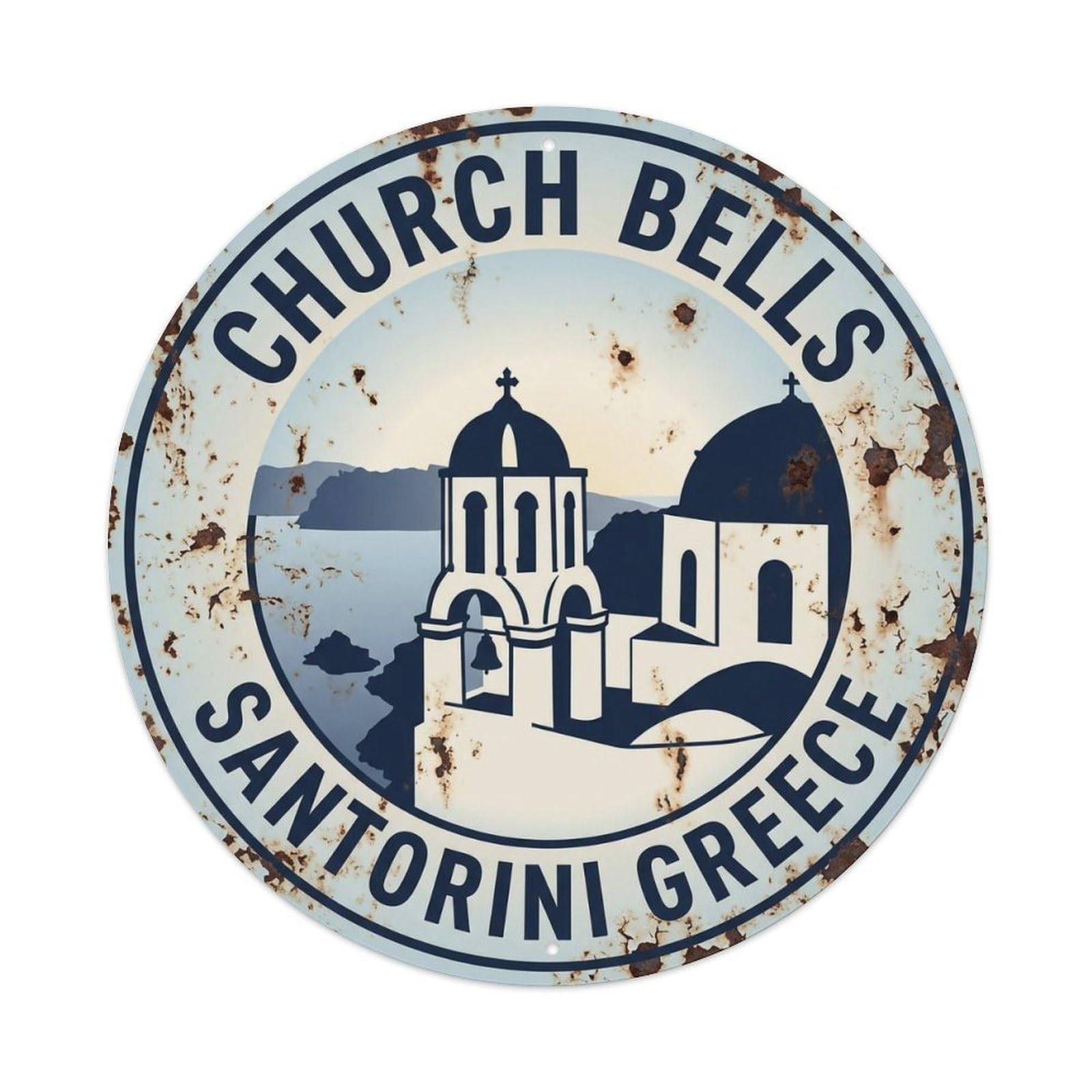 Vintage Travel Church Santorini Bells 3 Metal Tin Sign