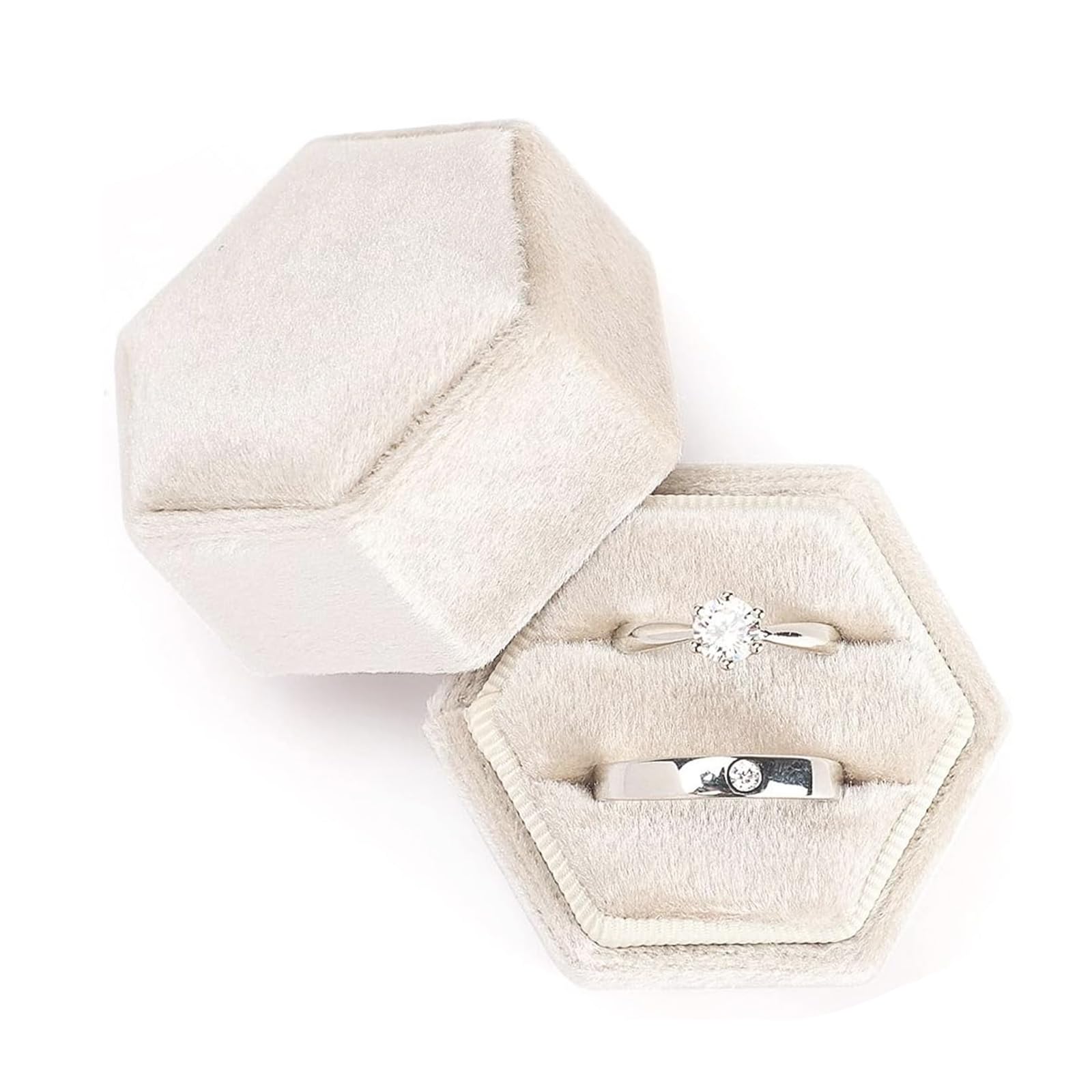 ramoniramoni Wedding Ring Box, Double Ring Box, Velvet Ring Box Double Slots Octagon Ring Case Box Vintage Jewellery Case, For Engagement Valentines Day Anniversary Holding 2 Rings (White)