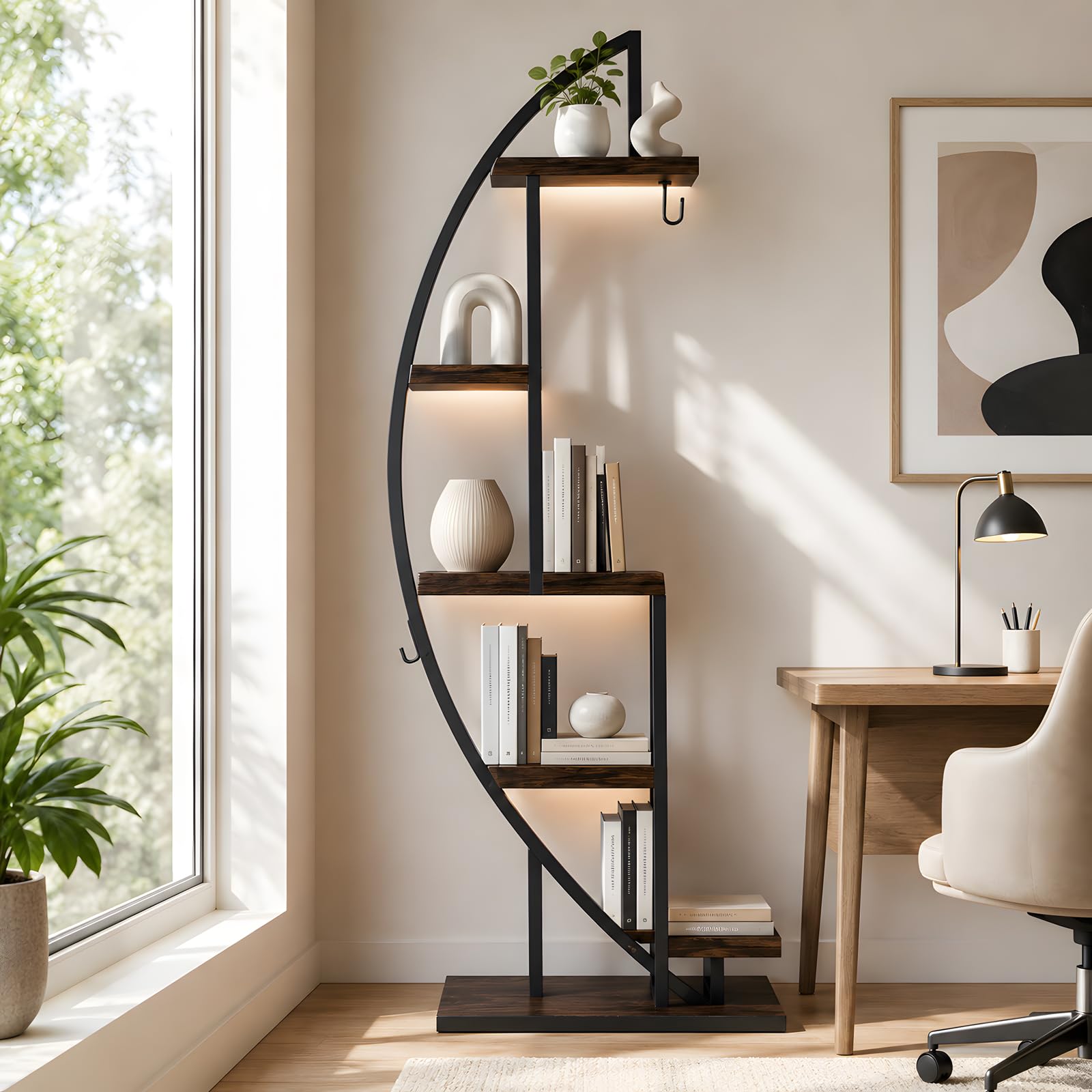 Bücherregal im Industrie Design mit LED Pflanzenlicht 1 Stück halbmodförmiges Eckregal Holz Metall schmales Standregal für Flur Wohnzimmer neben Sofa Schlafzimmer 50x30x160 cm