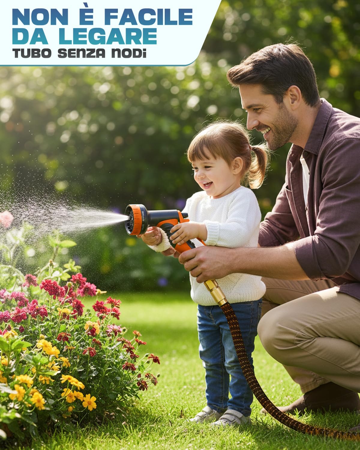 Tubo Estensibile da Giardino 15m Arancione, Tubo Acqua Flessibile con Pistola Multifunzione a 10 Getti, Antitorsione, Leggero e Retrattile per Irrigazione e Pulizia Estiva