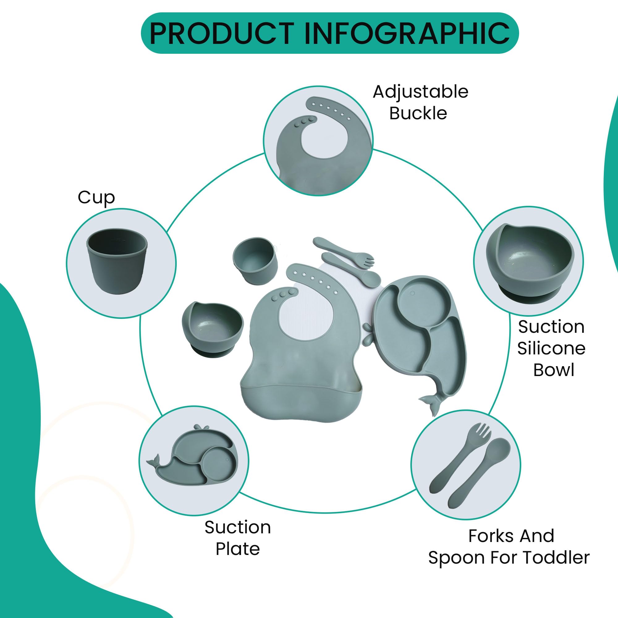Silicone Baby Feeding Set 7 Pcs | Baby Led Weaning Supplies | Baby Spoons Suction Bowl Divided Plate Bib | First Stage Solid Food Eating Utensils - 6+ Months