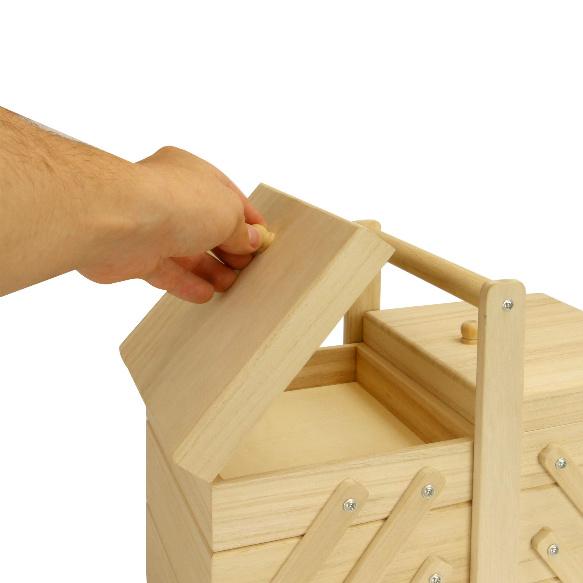 Scatola Portaoggetti Da Cucito In Legno Di Pino - 34.5x20x21.5 Cm, 2 Piani, 3 Scomparti - Foto 3