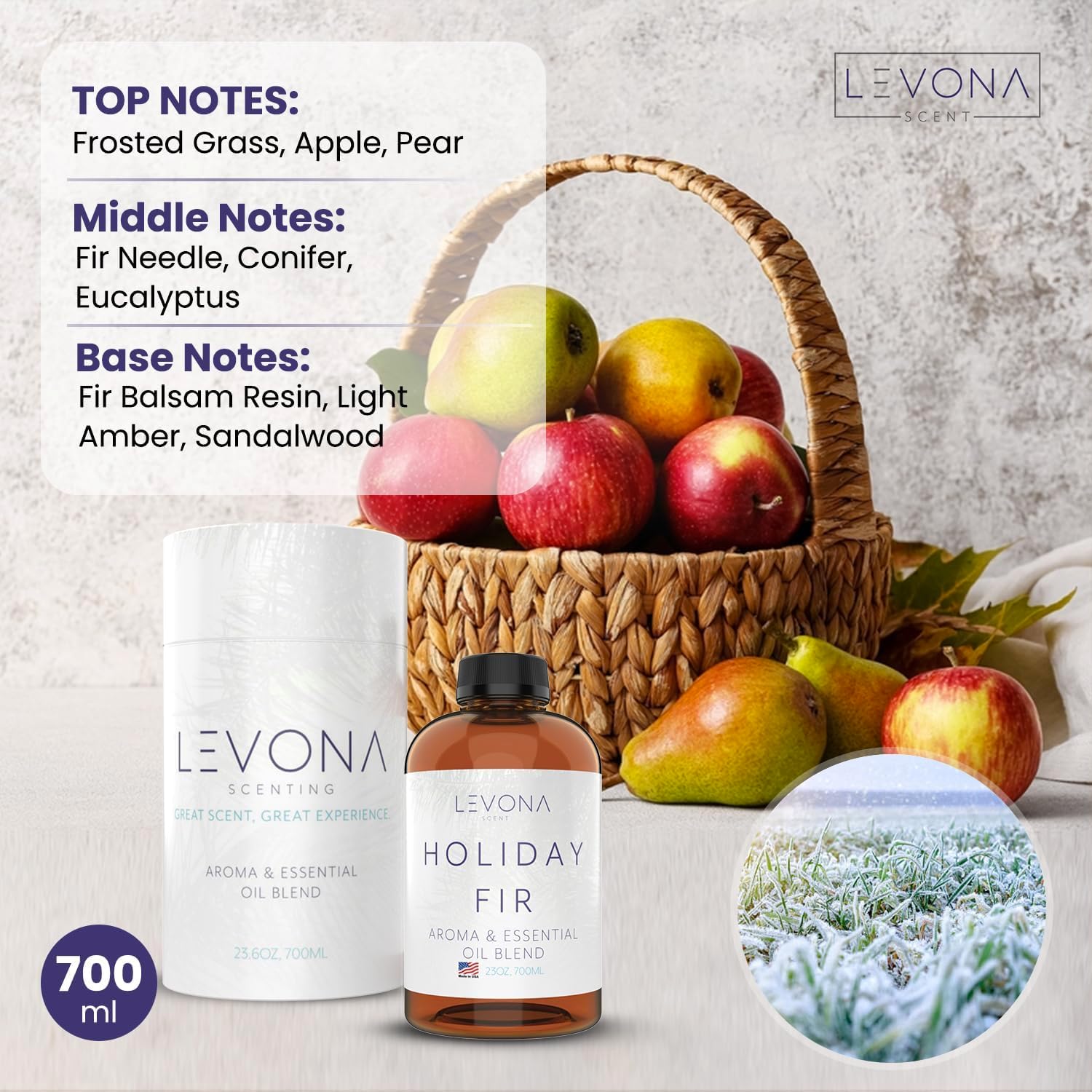 Levona Scent Essential Oil - Fresh Aroma for Home, Office, Hotel & Spa, Perfect in Humidifiers and Diffusers, Luxury Fragrance, with Sandalwood, Amber, Winter Fir Notes - 700ml/ 23 fl oz, Holiday Fir
