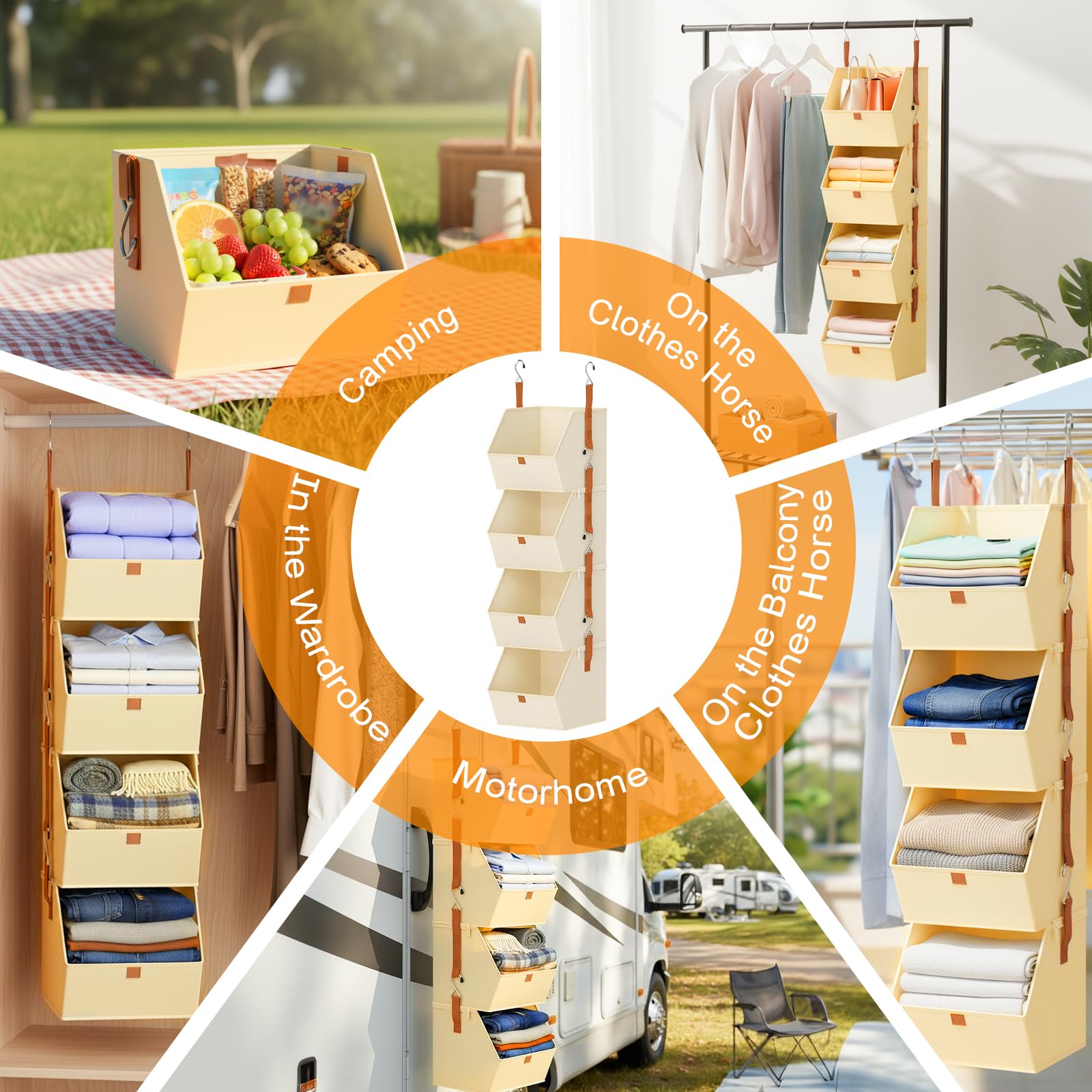 Organizzatore sospeso, con 4 scomparti, smontabile, in tessuto, organizer da appendere, grigio, pieghevole, per camera da letto, armadio, biancheria da letto