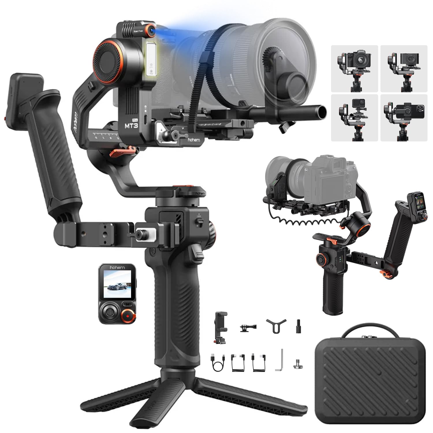 hohem iSteady MT3 Pro Kit avec mini moteur spot et poignée tournante, stabilisateur pour appareils photo Canon, Sony, Panasonic, Nikon, Fujifilm, GoPro, charge utile de 2,5 kg, suivi AI, télécommande