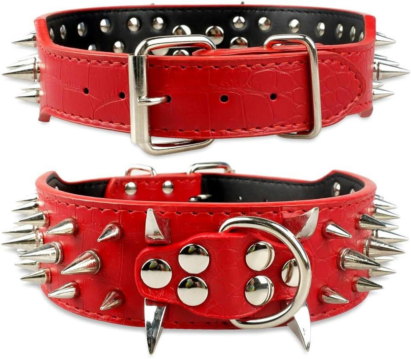 2 Zoll breites Hundehalsband mit Spikes, Hundehalsbänder aus Leder mit Nieten für mittelgroße und große Haustiere, S-XL, camo, XL-rot-XL