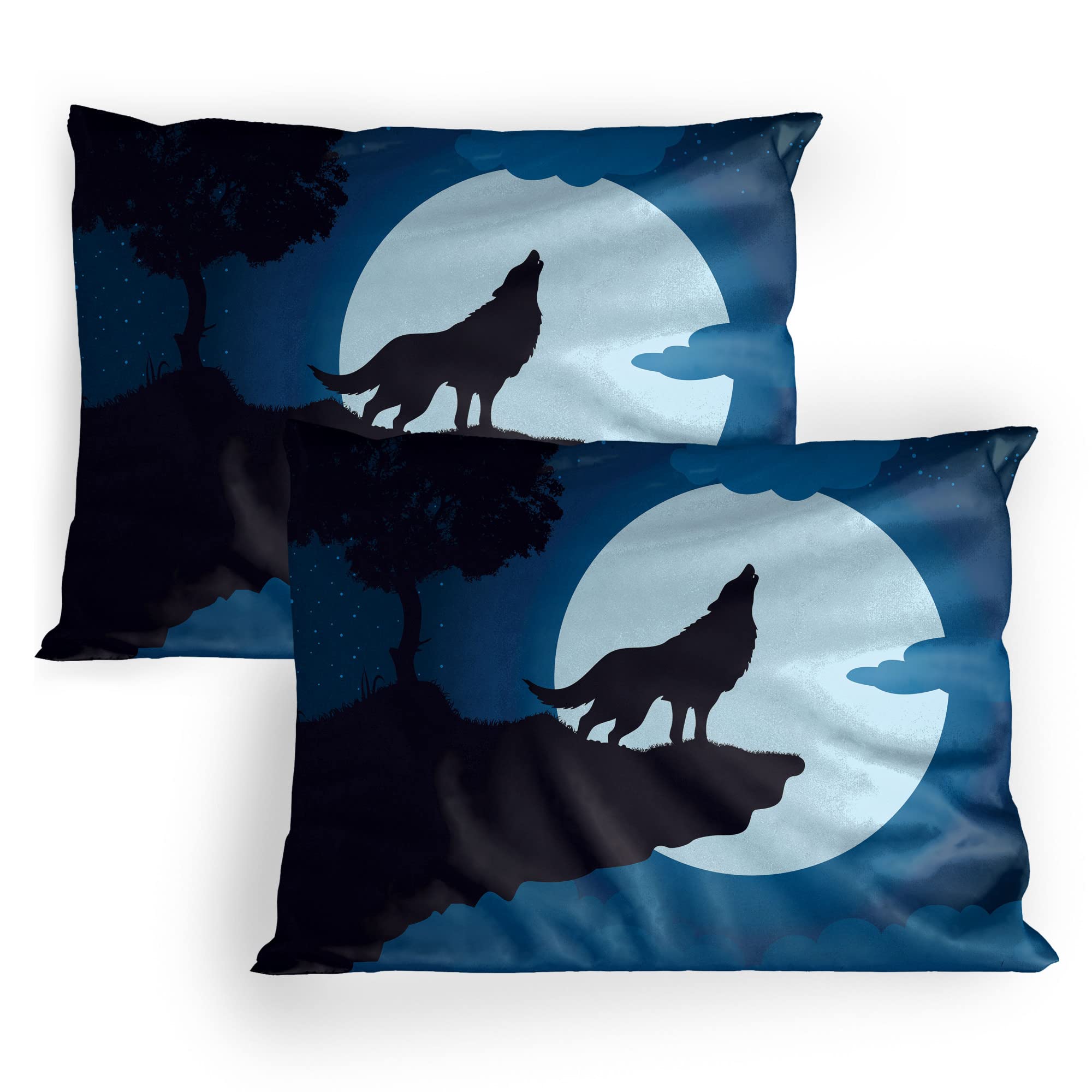 Lunarable Crying Wolf Pillow Sham Set of 2, Composition of Forest Canine Howling at Night, Quality Microfiber Bedding Item for All Seasons, 30