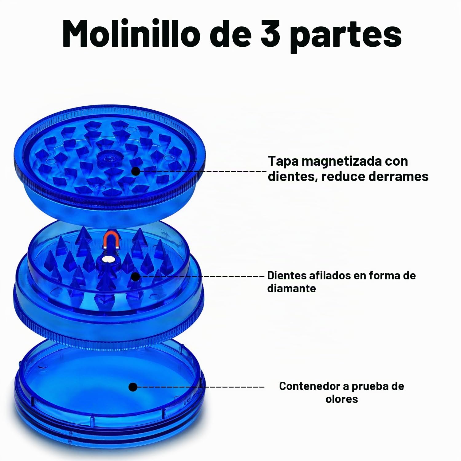 [Pack x 6] Molinillo de especias de plástico, Spespo Grinder Especias de 3 piezas 60mm,incluidas tapa magnética y compartimento de almacenamiento hermético