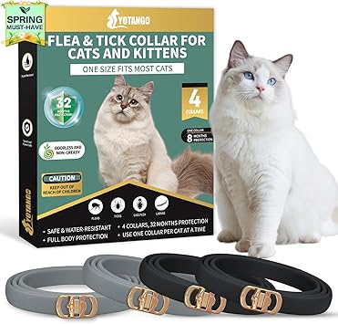 YOTANGO 4 Pack Flea Collar for Cats, 32 Months Flea and Tick Prevention for Cats, Waterproof Cat Flea Collar, Cat Flea and Tick Treatment, Adjustable Flea and Tick Collar for Cats Kittens-Black&Gray
