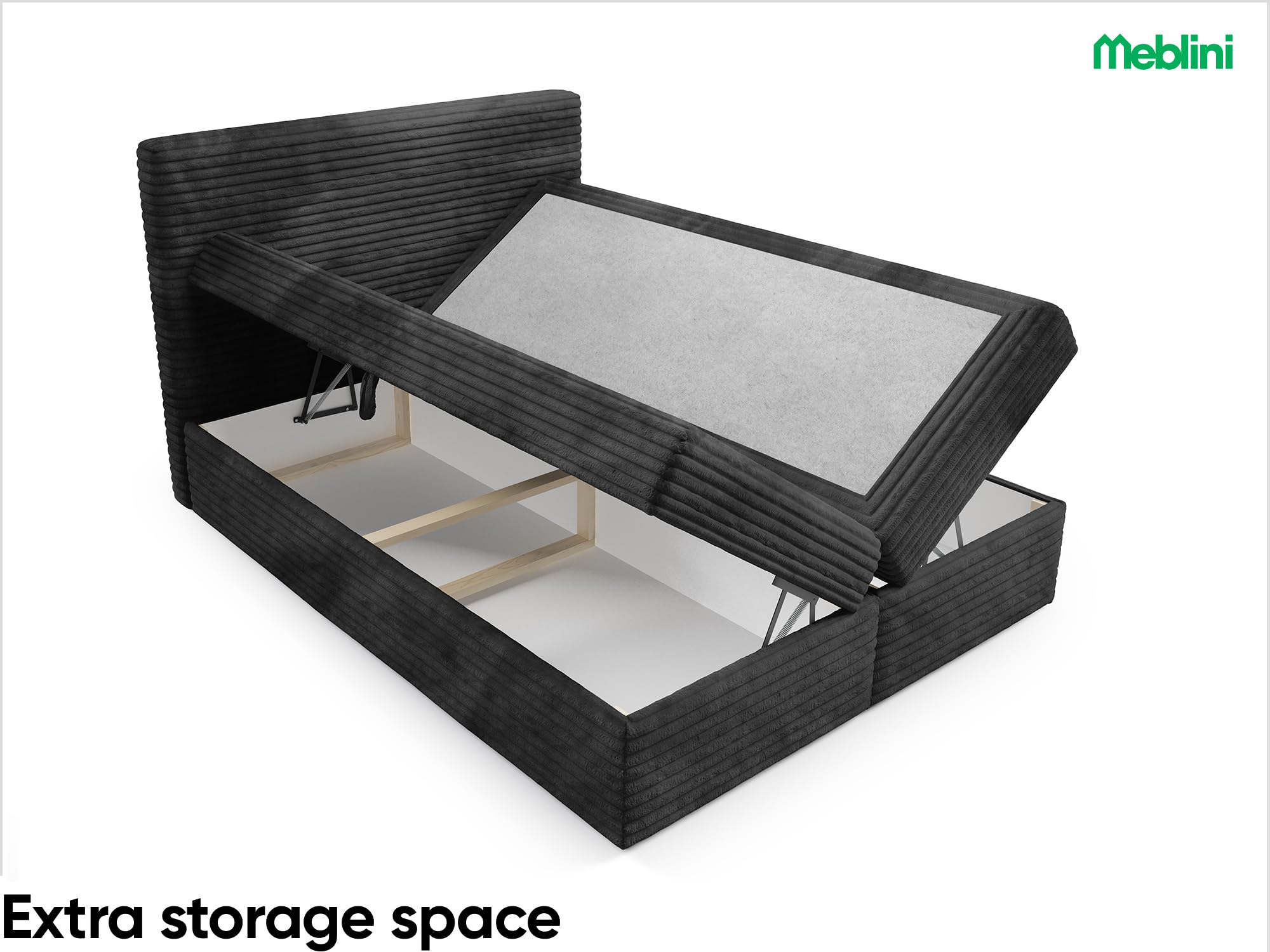 MEBLINI Boxspringbett mit Bettkasten - 120x200 - H3/Schwarz Cordstoff - Talia - Gepolstert Doppelbett mit Matratze und Topper - Polsterbett mit Stauraum - Bett mit Kopfteil - Stauraumbett